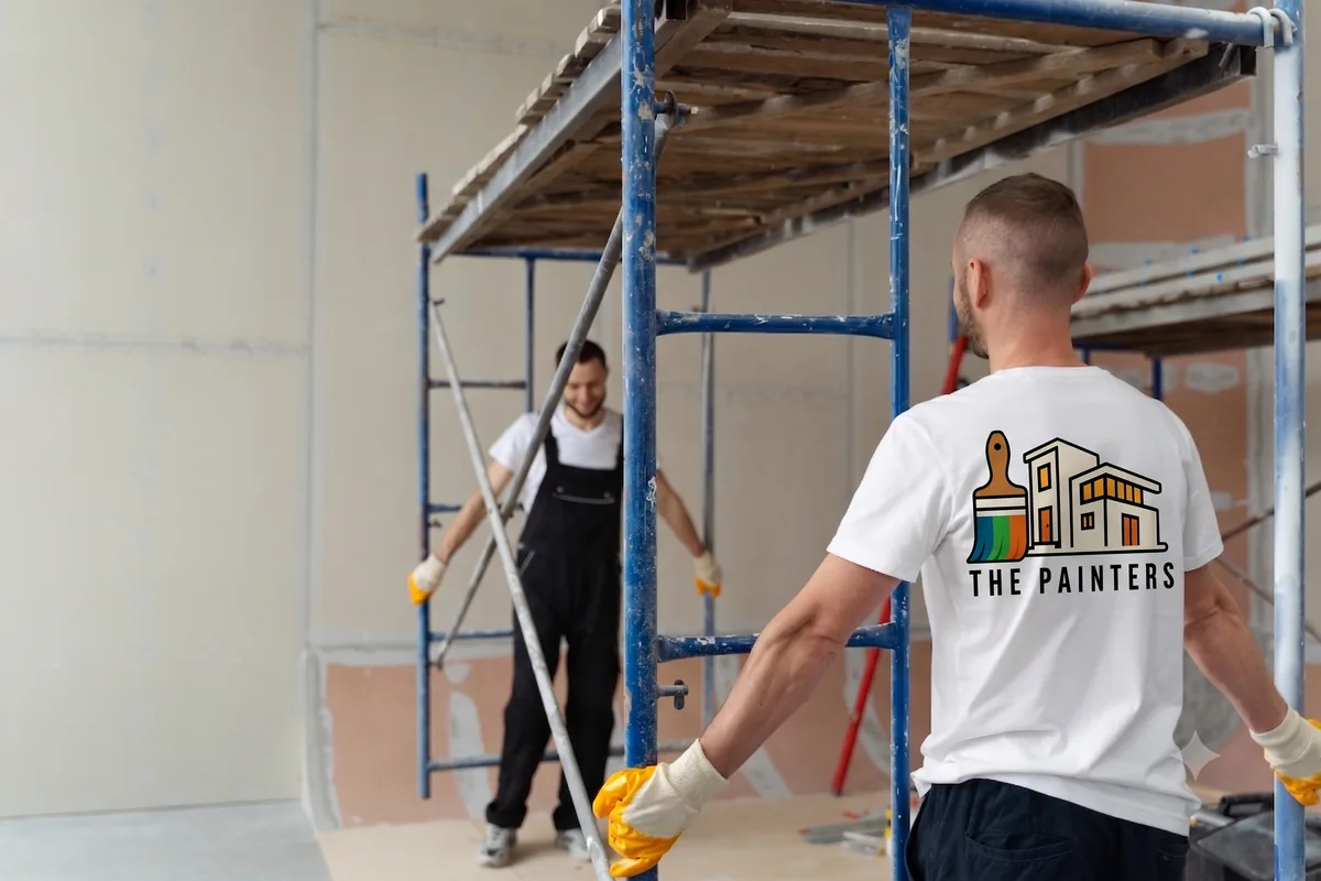 Equipo propio de pintores de ThePainters trabajando juntos en un andamio, con el logo de la empresa en la ropa