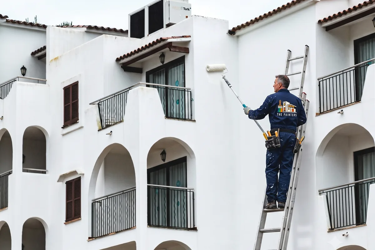 Pintor de ThePainters pintando la fachada de una gran comunidad de vecinos, obra ejecutada según el calendario acordado