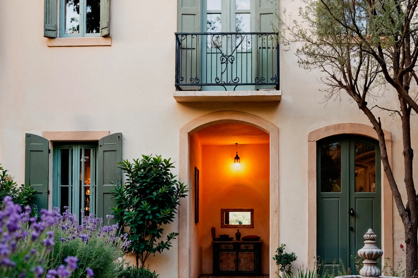 Villa mediterránea con entrada iluminada y jardín de lavanda al atardecer